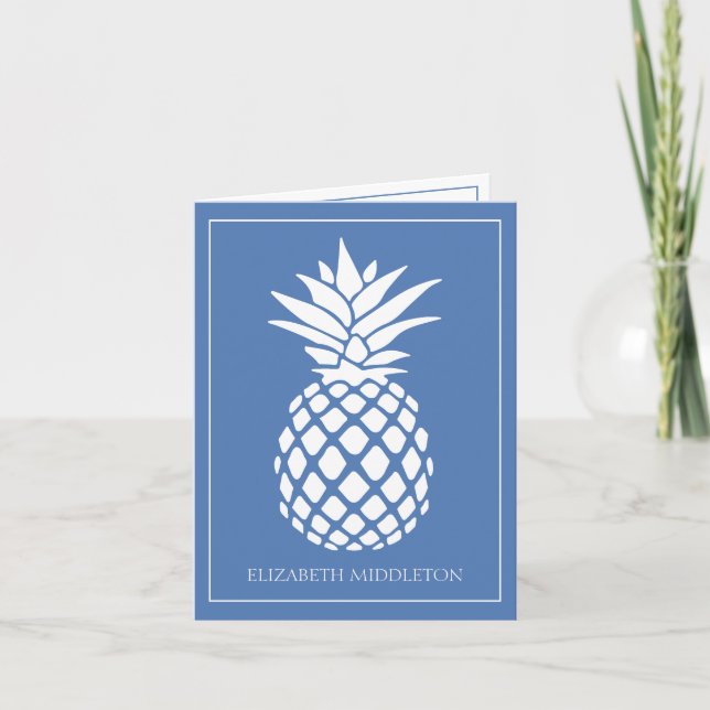 Cartão De Notas Preppy White Pineapple on Blue (Frente)