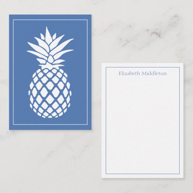 Cartão De Notas Preppy White Pineapple on Blue (Frente/Verso)