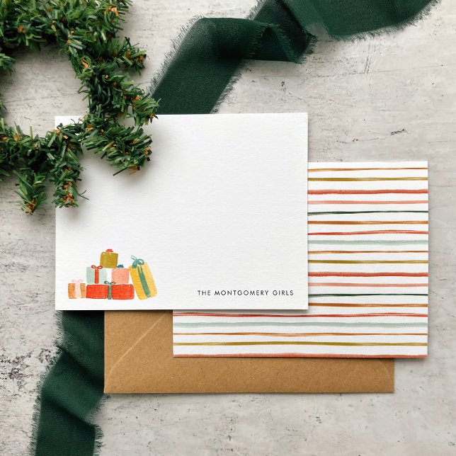 Cartão De Notas Presentes de Natal com Aguarela Moderna Festiva Fé (Watercolor Christmas presents note cards with colorful stripes on the back. Great holiday gift idea!)