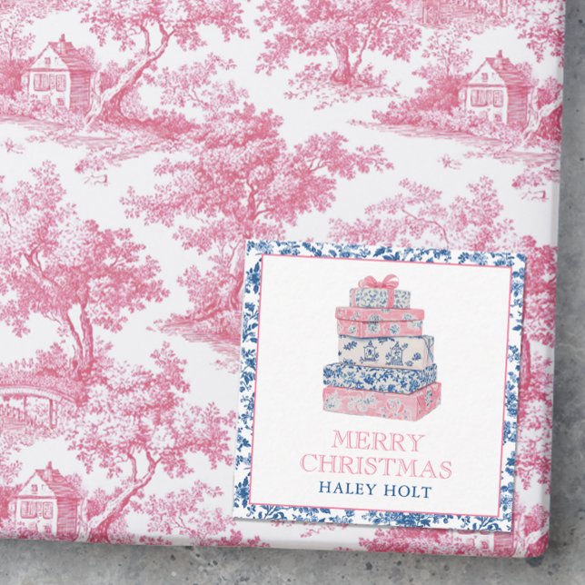 Cartão De Notas Presentes de Natal de Chinoiserie Azul e Rosa (Photo of a pink and blue chinoiserie christmas gift with a gift enclosure card.)