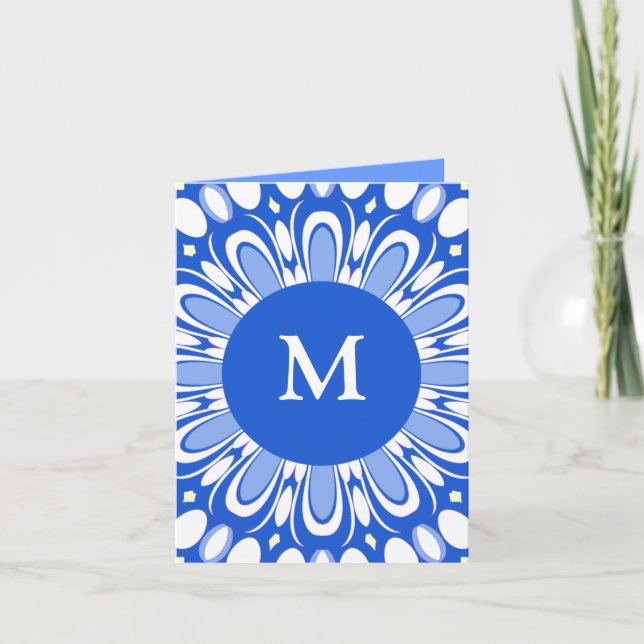 Cartão De Notas Pretty Retro Blue & White Monogram Greeting Card (Frente)