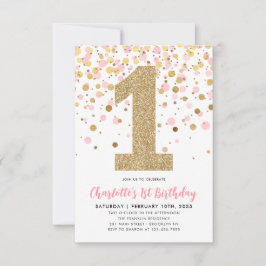 Cartão De Notas Primeiro aniversario de Confetti Dourada Rosa-Cor-