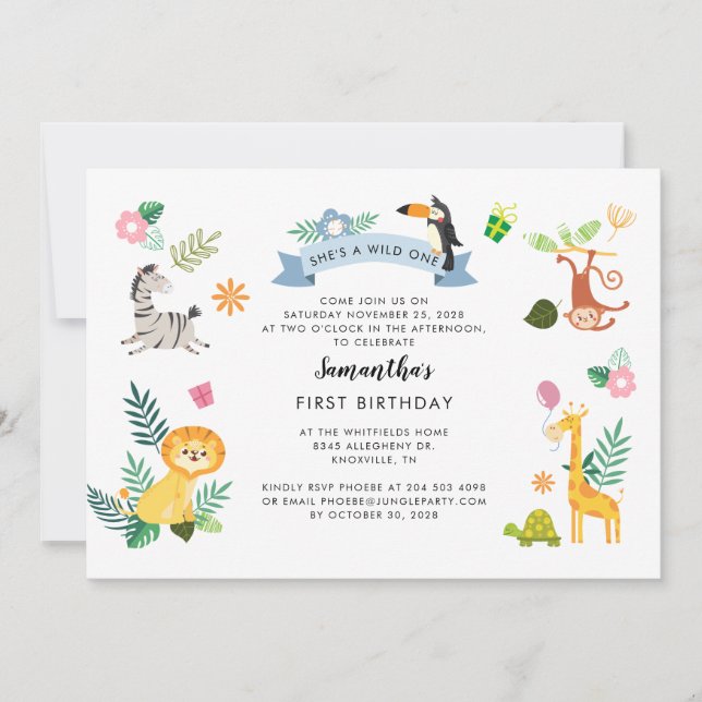 Cartão De Notas Primeiro aniversario Selvagem de Animais Safari (Frente)