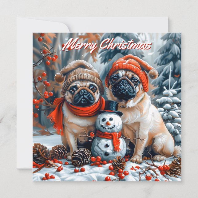 Cartão De Notas Pugs com o Snowman Pack de Natal plano (Frente)