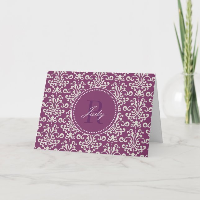 Cartão De Notas Purple Damask Monogram Note Cards (Frente)
