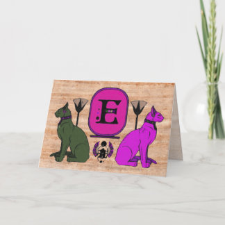 Cartão De Notas Purple Egyptian Cat Monogram Greeting Card: E