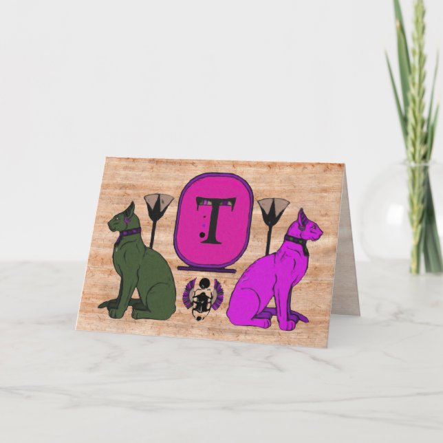 Cartão De Notas Purple Egyptian Cat Monogram Greeting Card: T (Frente)