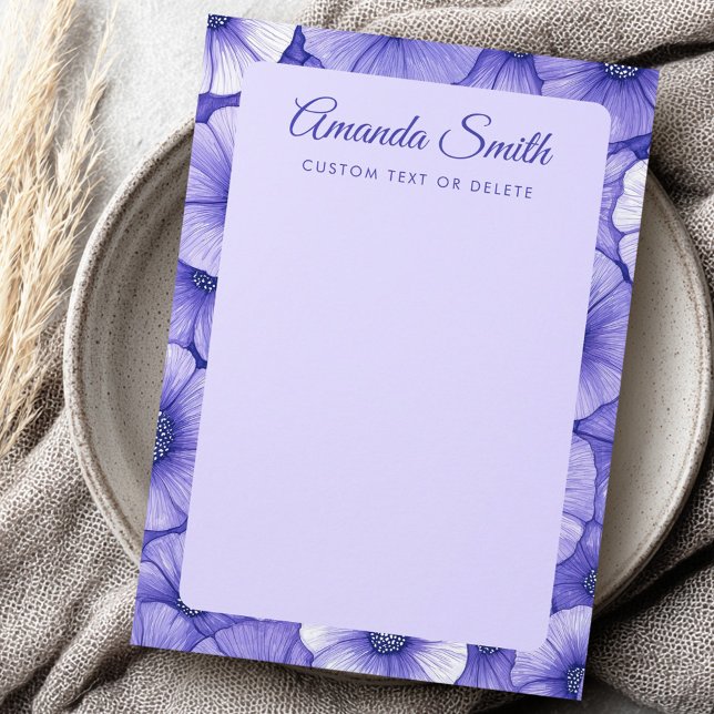 Cartão De Notas Purple flower pattern border elegant script name (Purple flower pattern border elegant script name note card)