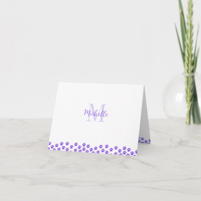 Cartão De Notas Purple Pet Paw Prints Custom Monogram Cute  (Frente)