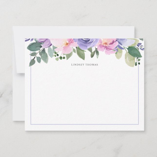 Cartão De Notas Purple Pink Watercolor Floral Personalized (Frente)