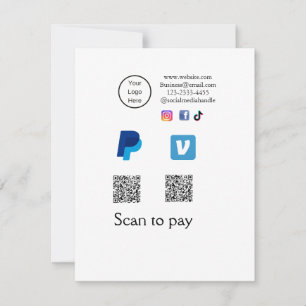 Cartão De Notas Q R código PayPal varrimento venmo pagamento adici