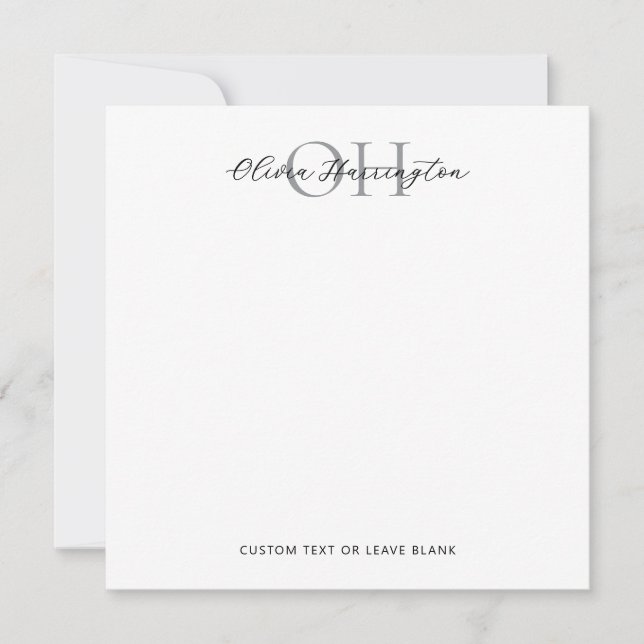 Cartão De Notas Quadrado Clássico de Script Branco e Preto Moderno (Frente)