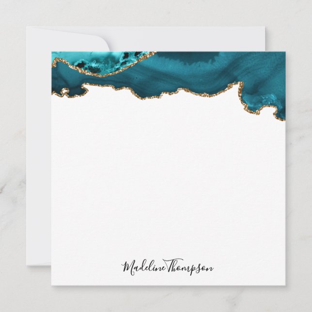 Cartão De Notas Quadrado de Script de Agate Agate de Teal Girly (Frente)