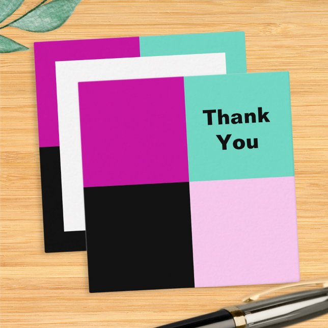 Cartão De Notas Quadrados de blocos de cores Obrigado (A stylish and modern Thank You card with color block pink, turquoise, magenta and black squares)