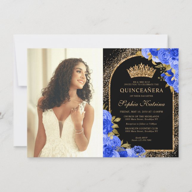 Cartão De Notas Quinceanera com Foto Floral Dourada Azul (Frente)
