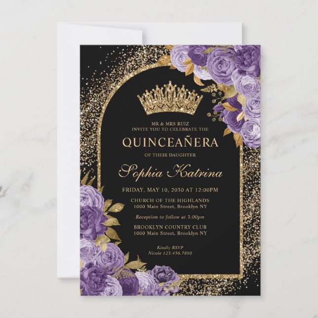 Cartão De Notas Quinceanera Floral Dourada Violeta Preta (Frente)