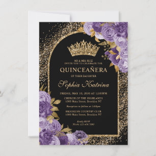 Cartão De Notas Quinceanera Floral Dourada Violeta Preta