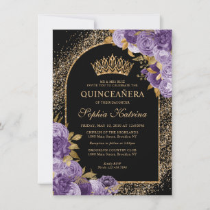 Cartão De Notas Quinceanera Floral Dourada Violeta Preta