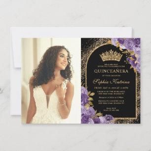 Cartão De Notas Quinceanera Foto Dourada Floral Roxo Preto