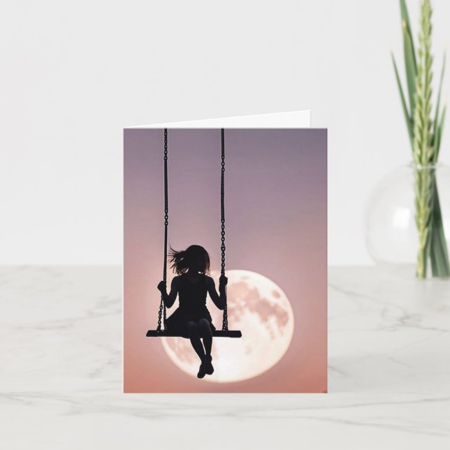 Cartão De Notas Rapariga Em Balança Com Lua (Frente)