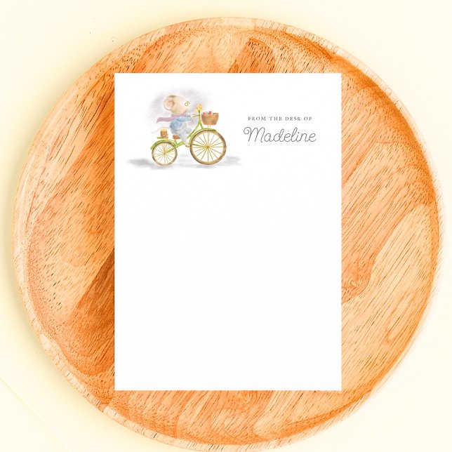 Cartão De Notas Rato Fofo Da Mesa de Papelaria Personalizada (Front - Simple Chic Cute Mouse on Vintage Bicycle From the Desk of Personalized Stationery Note Card)