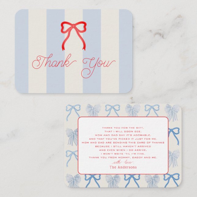 Cartão De Notas Red Bow & Pale Blue Stripes Baby Shower Thank You (Frente/Verso)