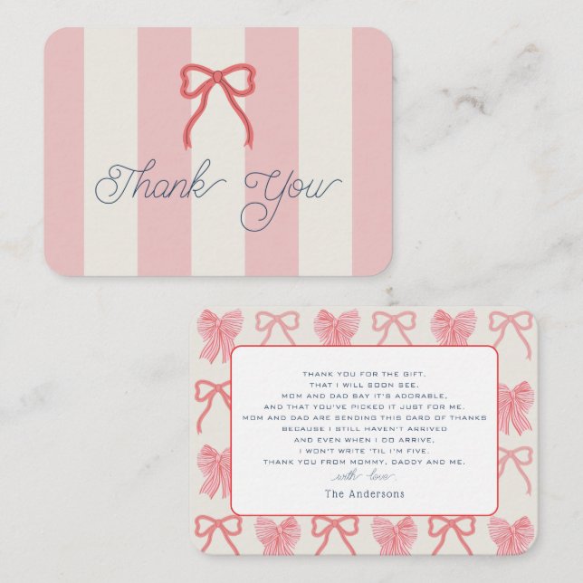 Cartão De Notas Red Bow & Pink Stripes Baby Shower Thank You (Frente/Verso)