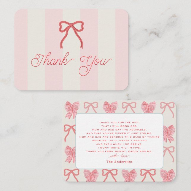 Cartão De Notas Red Bow & Pink Stripes Baby Shower Thank You (Frente/Verso)