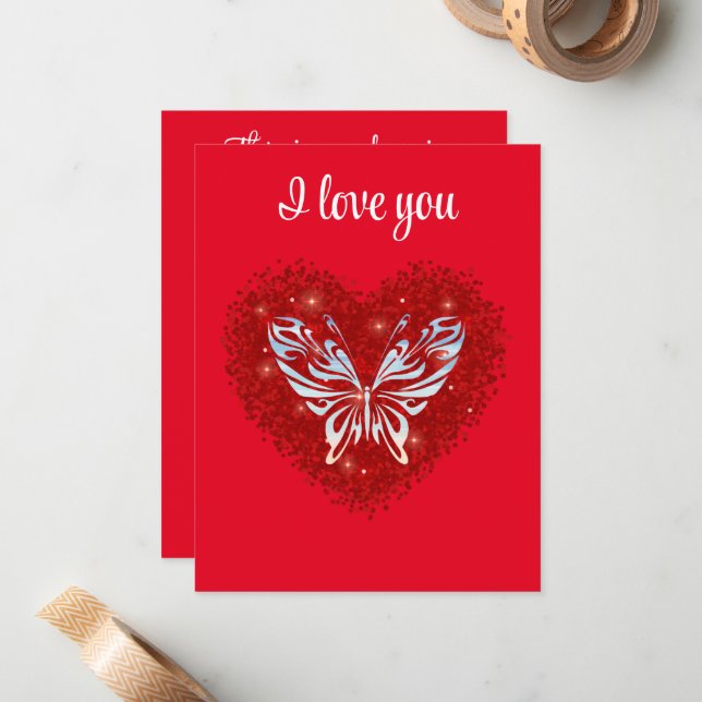 Cartão De Notas Red heart glitter butterfly (Frente/Verso In Situ)