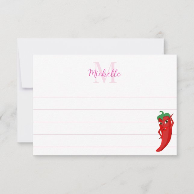 Cartão De Notas Red Hot Pepper Diva Cute Custom Lined Monogram (Frente)