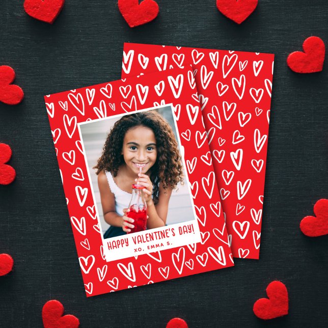 Cartão De Notas Red + White Heart Valentine's Classroom Photo Card (Criador carregado)