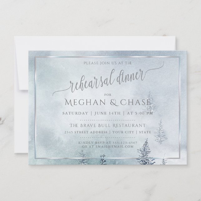 Cartão De Notas Rehearsal Dinner | Silver Blue Winter Wonderland (Frente)