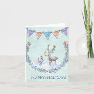 Cartão De Notas Reindeer Bunny Wreath Snow NoteCard de Feriados Fe