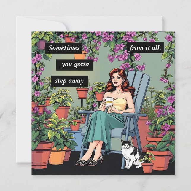 Cartão De Notas Relaxamento com Café, Gatos e Plantas (Frente)