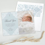 Cartão De Notas Renda Vintage Meninos Batizado Obrigado<br><div class="desc">Um elegante cartão de agradecimentos de batismo com detalhes de renda vintage em um fundo pastel com foto de bebê e mensagem pessoal. A parte de trás é intencionalmente deixada em branco para permitir fotos adicionais ou mensagens mais longas,  se desejado.</div>