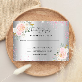 Cartão De Notas Resposta de casamento de flores rosa prateadas RSV