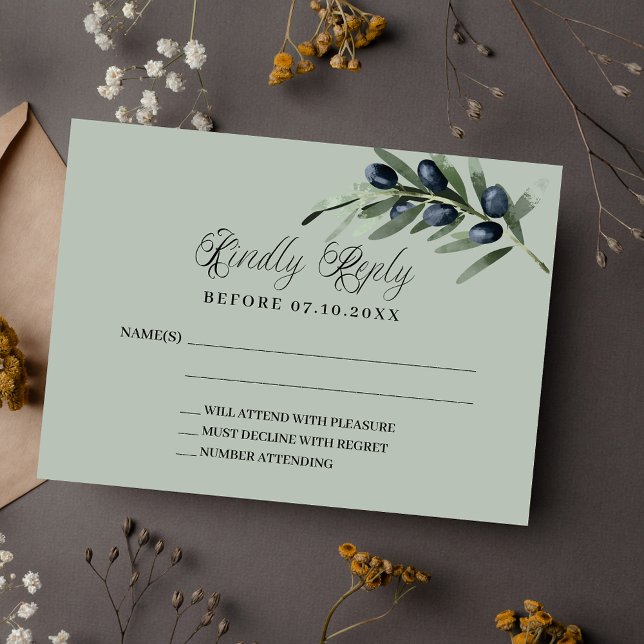 Cartão De Notas Resposta do casamento de Olive Greenery RSVP (Criador carregado)