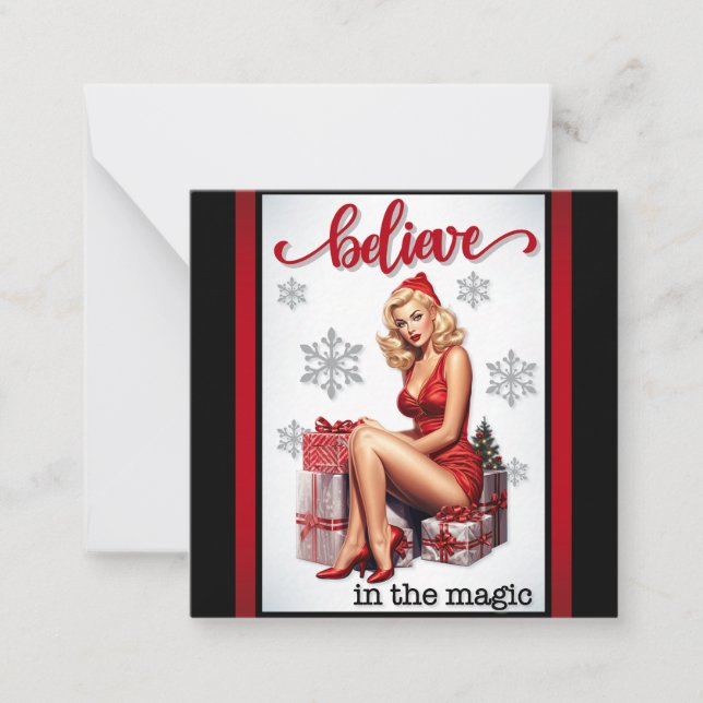 Cartão De Notas Retro Acredita em Pinup de Natal Mágico (Frente)