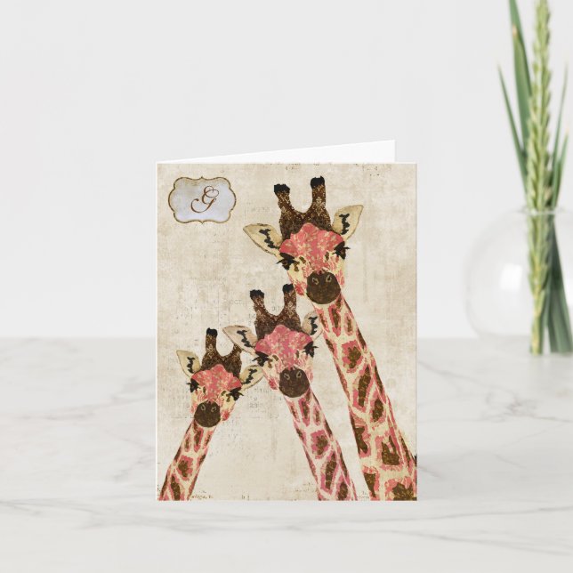 Cartão De Notas Rosa & Copper Giraffes  White Monogram Notecard (Frente)