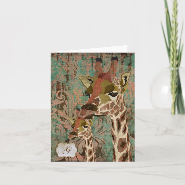 Cartão De Notas Rosa Giraffes  Damask Monogram Notecard (Frente)
