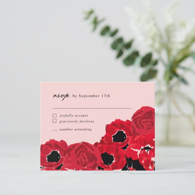 Cartão De Notas Rosas abstrato e Poppies Coordenando RSVP (Em pé/Frente)