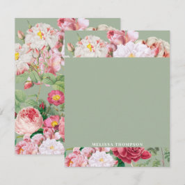 Cartão De Notas Rosas Botânicos Vintage Verde e Rosa