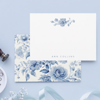 Cartão De Notas Rosas de Aquarela Azul Pastel Elegante