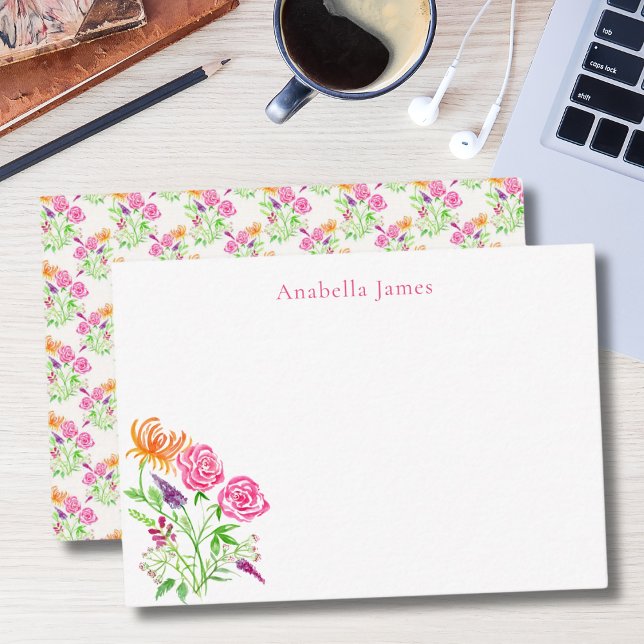 Cartão De Notas Rosas De Aquarelas Elegantes, Snapdragões E Flores (Hand painted with a coordinating pattern on the backing. )