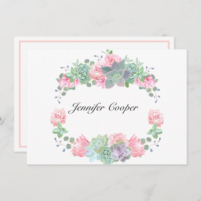 Cartão De Notas Rosas E Sucultos Da Sua Mesa A Pessoal (Frente/Verso)