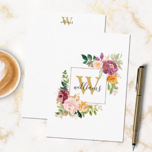 Cartão De Notas Rosas em Aquarela Monograma Flores Floral Dourado