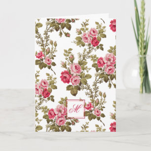 Cartão De Notas Rosas Rosa Elegantes com Fundo Branco-Monograma