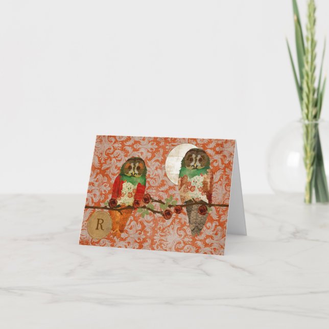 Cartão De Notas Rose Owls Amber Damask Monogram Notecard (Frente)