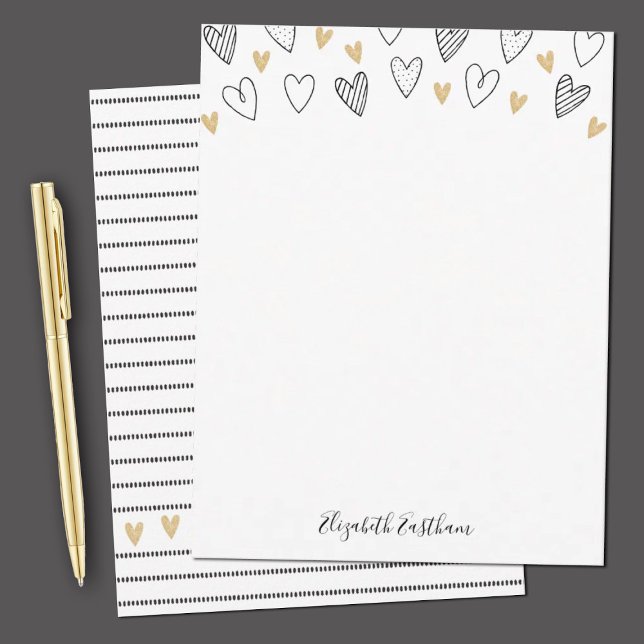 Cartão De Notas Roteiro Feminino do Coração Dourado Girly Black (Elegant black and gold note card stationery with hearts and stripes. Personalize it with your name.)