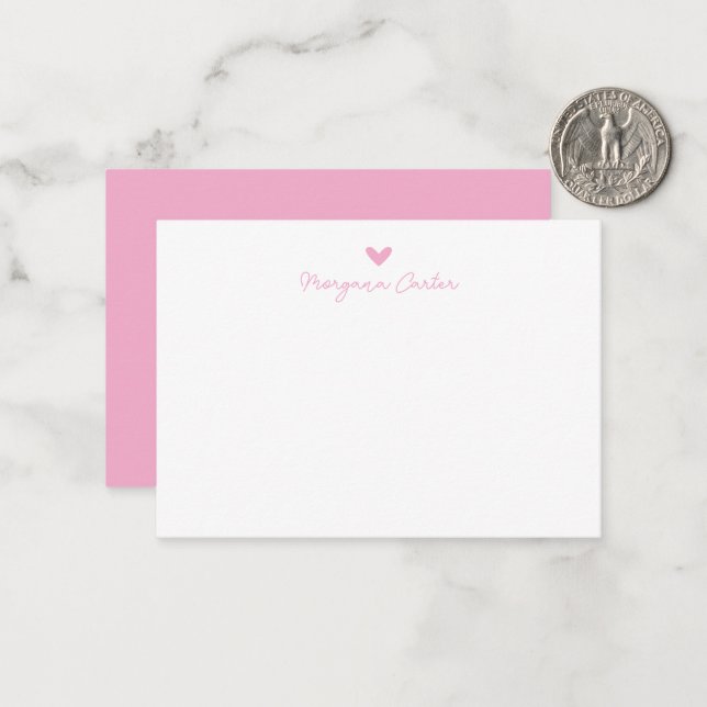 Cartão De Notas Rótulo Personalizado Coração Rosa Script Minimalis (Frente/Verso In Situ)
